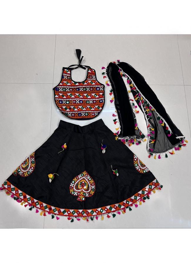 Art Silk Black Navratri Wear Kutchi Work Readymade Kids Lehenga Choli